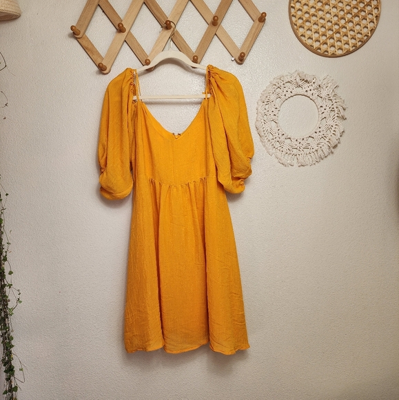 Anthropologie Moulinette Soeurs Mini Dress M Yellow Puff Sleeve Cold Sho… - Picture 2 of 6